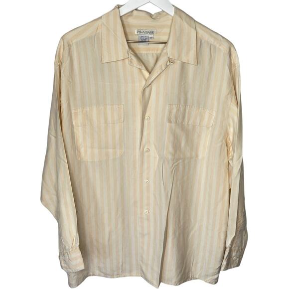 Y2K Silk Oversized Butter Yellow Vertical Stripe Button Up Shirt - Women's 12 - Picture 1 of 5